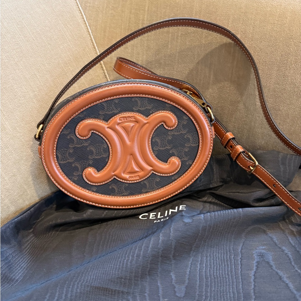 Celine Triomphe Oval Tan Brown Canvas Calfskin Crossbody Cuir Bag